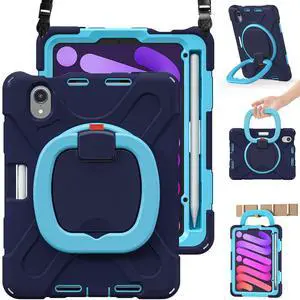 BRAECN for 8.3" iPad mini 7 (A17 Pro) 2024 / iPad mini 6 2021 Protective Case w/Screen Protector, Pencil Holder, Handle Grip, Shoulder Strap, Kickstand for iPad mini A17 Pro/ A2567/A2568/A2569, Navy