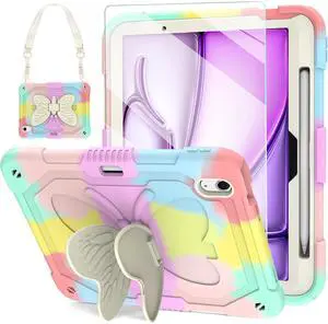 BLOSOMEET Pink Kids Case for iPad Air 11 Inch M3 2025 & M2 2024 with Tempered Glass Screen Protector & Butterfly Stand, Girls Cover for iPad Air 6th Generation with Shoulder Strap Pencil Holder