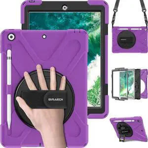 BRAECN for iPad 6th/5th Generation Kids Case, Heavy Duty Shock-Absorbing Protective Case Cover with Pen Holder, Handle Hand Strap, Kickstand and Shoulder Strap for iPad 6th Gen 9.7 inch Tablet-Purple