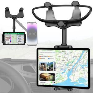 Charchendo Tablet Phone Mount for Car Rear View Mirror Fits 4-13'' Devices, 360deg Retractable Rearview Mirror Phone Holder Anti-Shake Compatible with iPad Pro 12.9/Air/Mini, Galaxy Z, Garmin