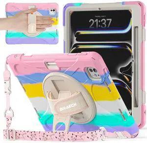 BRAECNstock Kids Case for Apple iPad Pro 11 inch 2024 M4 5th Geneartion with Pen Holder Rotating Hand Strap+Stand Shoulder Strap Shockproof Rugged 2024 iPad Pro 11 inch M4 Case Cover - Colorful Pink