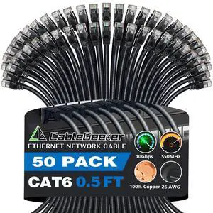 CableGeeker Cat 6 Ethernet Cable 0.5 ft (50-Pack) - Cat6 Patch Cables 10G Support, Snagless RJ45 26AWG Short Cat 6 Patch Cable, Internet Cable, Network Cable - 0.5 Feet Black