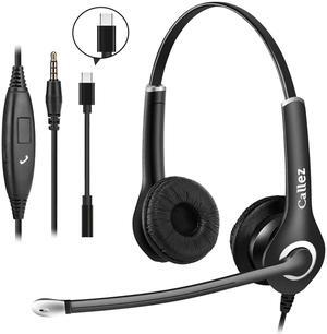 Callez Computer Headset, 3.5mm Cell Phone Headset with Mic Noise Cancelling, USB-C Wired Headphone for PC Laptop Mac iPhone Samsung Zoom Teams Call Center Home Office Work, in-line Controls