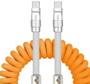 chubbycable Curly Chubby - 240W Coiled USB C Cable Spring Retractable Fast Charging Cable for Car Compatible with CarPlay, Android Auto, Orange and Gray, Type-C to Type-C, 2.29FT-3.6FT