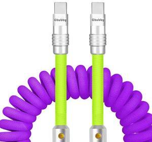 chubbycable Curly Chubby - 240W Coiled USB C Cable Spring Retractable Fast Charging Cable for Car Compatible with CarPlay, Android Auto, Light Green+Purple, Type-C to Type-C, 2.29FT-3.6FT