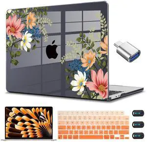 CISSOOK for MacBook Air 15 inch Case 2025 2024 2023 M4 M3 M2, Floral Hard Shell Case with Keyboard Cover + Screen Protector for MacBook Air 15 A3241 A3114 A2941, Retro Flower