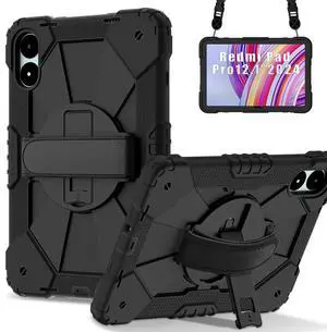 Doemoil for Xiaomi Redmi Pad Pro 12.1"/Xiaomi Poco Pad 12.1" Case with with Kickstand/Hand Strap/Rotating/Shoulder Strap (Black/Black)