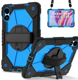 Doemoil for Xiaomi Redmi Pad Pro 12.1"/Xiaomi Poco Pad 12.1" Case with with Kickstand/Hand Strap/Rotating/Shoulder Strap (Black/Blue)