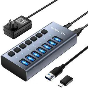 Powered USB 3.1 Hub, ACASIS 7 Ports USB 3.1 Hub with 10Gbps Data Speed,Aluminum Housing, USB Hub Powered with 24W Power Adapter, USB Hub for PC/Laptop, Computer, Flash Drive, Printer, Camera