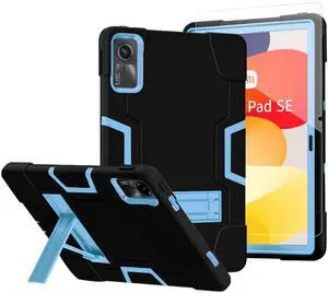 Doemoil case Cover for Xiaomi Redmi Pad SE 11 inch, Heavy Duty Shockproof Rugged Protective Case with Tempared Glass for Redmi Pad SE 11 2023 (Black/Blue/1 Pcs)