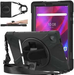 DreamerX Kids Case for Lenovo Tab K10 2021 / M10 FHD Plus 2nd Gen 10.3-inch 2020, Rugged Silicone Case Cover with Stand Hand/Shoulder Strap for 10.3" Tab K10 TB-X6C6L TB-X6C6F M10 Plus TB-X606F, Black
