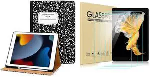 DTTO for iPad 9th/8th/7th Generation 10.2 Inch Case 2021/2020/2019, Premium Leather Business Folio Stand Cover with 3 Pack HD Clear Tempered Glass Screen Protector, Book