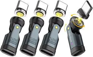 EndlesShine Magnetic USB Adapter Type C to C 4 Pack 9 PIN 180° & 360° Rotation Phone OTG Port Replacement & Extender PD 240W USB2.0 Type-C Extension Connector with LED Indicator (Black)