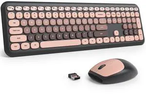 Fogruaden Quiet Pink Wireless Keyboard and Mouse, 2.4GHz Retro Cute Typewriter-Style Full-Size Colorful Keyboard and Mouse Combo, Slim Design, Low-Noise Typing for Home, Office, Windows PC, Laptop