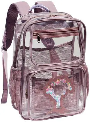 ESVAN Clear Backpack Transparent Stadium Approved See Through for Middle College Laptop Bag with Leather Trim