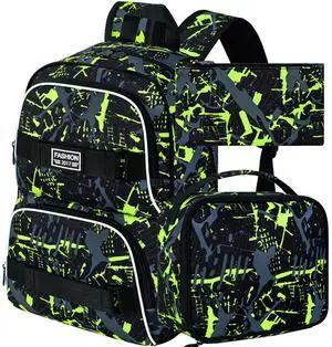 FTJCF 17 Inches Backpack for Boys Men, 3Pcs College Laptop Backpacks Set for Teens Students, Water Resistant Graffiti School Bookbag with Lunch Bag(Green)