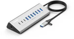 10 Ports USB HUB 7 USB-A and 3 USB-C Ports Multiport Adapter, USB3.0 Aluminum USB C to USB Hub for iPhone 16/15 Series, MacBook, iPad