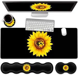 Gaming Mouse Pad Set, Large Mouse Pad and Ergonomic Memory Foam Keyboard Wrist Rest Support, Easy Typing Pain Relief Writing Mat, Extended Office Desk Mat Sunflower Dog Paw Print Black Mouse Pad
