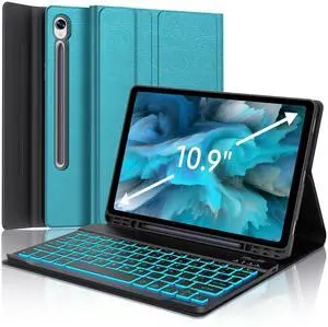 FARYODI for Galaxy Tab S9 FE Case with Keyboard, Detachable Wireless Bluetooth Keyboard, 7 Colors Backlit, Smart Folio Cover with S Pen Holder for Samsung Galaxy Tab S9 FE 10.9"/S9 11 Inch, Blue
