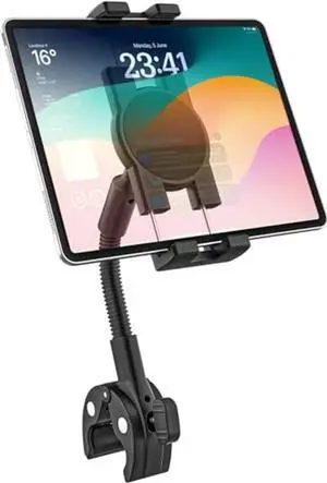 Gooseneck Tablet Holder for Spin Bike, Treadmill, Indoor Cycling, Mic Stand, Gym Bicycle Handlebar Clamp, Compatible with iPad Pro 12.9 11 Mini Air, Galaxy Tab, Z Fold, iPhone, 4-13" Tablets & Phones