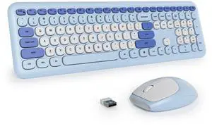 surmen Blue Keyboard and Mouse Wireless, Cute Wireless Typewriter, Full Size Slim Silent Keyboard Round Keys Aesthetic for Home and Office(Colorful Blue)