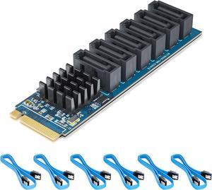 H!Fiber M.2 (M Key) to 6xSATA Card with 6 SATA Cables, SATA3.0, NO-Riad, ASMedia ASM1166 chip, for Desktop PC Support SSD and HDD, Windows and Linux Compatible
