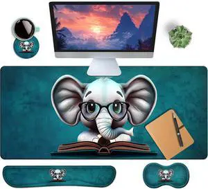 HaoSiTeck 4-Piece Extended Large Mouse Pad Set for Women Men with Elephant Design Includes 35.4 x 15.7 XXL Large Mouse Pad Keyboard Wrist Rest Mouse Wrist Support and Coaster for Office Home