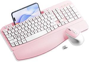 Wireless Keyboard and Mouse Combo, Wave Keys Computer Ergonomic Keyboard with Cushioned Plam Rest, Phone Holder, 2.4GHz Silent 6 Button Wireless Mouse Set for Laptop, PC, Windows, Mac (Pink)