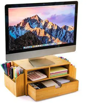 Hiceeden 2 Tier Bamboo Desktop Organizer, Desk Monitor Stand Riser with 1 Drawer and 2 Pen Holder, 2 Compartment Computer Desk Storage Organizer for Laptop, Printer, iMac