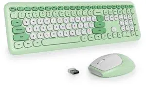 surmen Green Keyboard and Mouse Wireless, Cute Wireless Typewriter Keyboard, Full Size Slim Silent Round Keys Aesthetic for Home and Office(Colorful Green)
