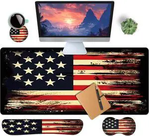 HaoSiTeck 4-Piece Extended Large Mouse Pad Set for Women Men with Retro Flag Design Includes 35.4 x 15.7 XXL Large Mouse Pad Keyboard Wrist Rest Mouse Wrist Support and Coaster for Office Home