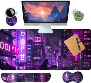 HaoSiTeck 4-Piece Extended Large Mouse Pad Set for Women Men with Purple Anime Design Includes 35.4 x 15.7 XXL Large Mouse Pad Keyboard Wrist Rest Mouse Wrist Support and Coaster for Office Home