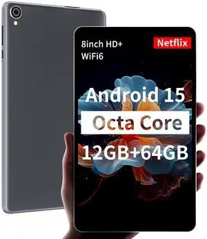 [(2025 Android 15 Tablet 8 inch)] , 8 core CPU, 12GB+64GB,2TB Expandable, HD IPS Display, Wi-Fi 6, BT5.4, 5MP+8MP Camera, 5100mAh Large Battery, Widevine L1, Kids Tablet PC, Gray