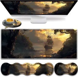 Large Gaming Mouse Pad, Keyboard Wrist Rest Pad + Mouse Wrist Pad + Coaster 4 in 1 Set, Extended Waterproof Non-Slip Desk Mat, Suitable for Office Home Learning Games, Pirate Ship