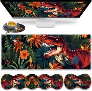 Large Gaming Mouse Pad, Keyboard Wrist Rest Pad + Mouse Wrist Pad + Coaster Set, Extended Waterproof Non-Slip Desk Mat, Suitable for Office Home Learning Games, Jungle Dinosaur Tyrannosaurus