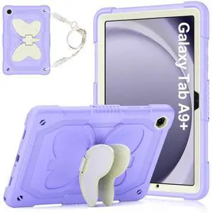 HOGENL Cover for Samsung Galaxy Tab A9+ Plus Case for Kids Girl, Galaxy Tab A9+ 11 inch 2023 Released with Butterfly Stand Shoulder Strap Shockproof Full Body Protective, Purple