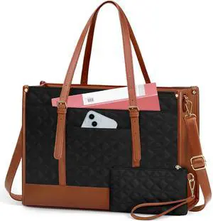 IGOLUMON Laptop Bag for Women 15.6 Inch Vegan Leather Work Tote Bag Quilted Womens Briefcase Designer Laptop Bags for Office Teacher College Cute Computer Bag with Purse Professional Black with Brown
