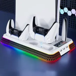 RGB Multi-Functional Charging Stand for PS5 Pro/PS5 Slim/PS5 with Dual Charging Dock,Cooling Fans and LED Light (White)