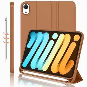 iMieet iPad Mini 7 Case 2024 (A17 Pro), iPad Mini 6 Case (8.3-Inch,2021 Model), iPad Mini 7th/6th Generation Case with Pencil Holder, Trifold Stand Smart Case with Soft TPU Back,Brown