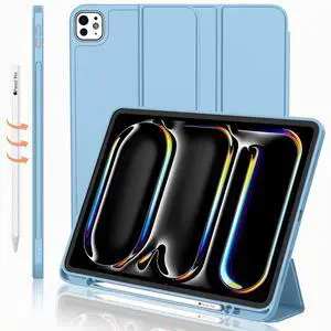 iMieet iPad Pro 13 Inch Case M4 (2024) with Pencil Holder, Trifold Stand Smart Case with Soft TPU Back, Auto Wake/Sleep (Azure Blue)
