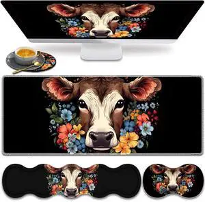 Large Gaming Mouse Pad, Keyboard Wrist Rest Pad + Mouse Wrist Pad + Coaster 4 in 1 Set, Extended Waterproof Non-Slip Desk Mat, Suitable for Office Home Learning Games, Cow in Flower