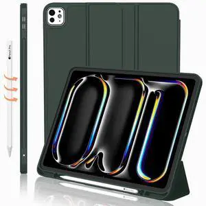 iMieet iPad Pro 13 Inch Case M4 (2024) with Pencil Holder, Trifold Stand Smart Case with Soft TPU Back, Auto Wake/Sleep (Dark Green)