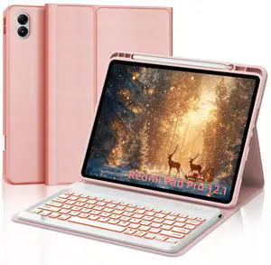 IVEOPPE Keyboard Case for Xiaomi Redmi Pad Pro 12.1 Inch 2024/Xiaomi Poco Pad 12.1", 7 Colors Backlit, Detachable Bluetooth Wireless Keyboard Slim PU Stand Cover with Pencil Holder,Rose Gold