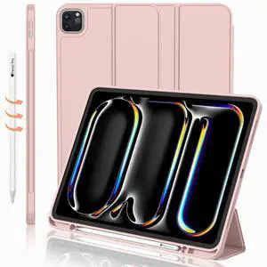 iMieet iPad Pro 13 Inch Case M4 (2024) with Pencil Holder, Trifold Stand Smart Case with Soft TPU Back, Auto Wake/Sleep (Rose Pink)