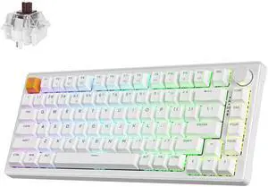 JamesDonkey J2 75% Wireless Mechanical Gaming Keyboard, QMK/VIA Gasket Hot Swappable 82 Keys Tri-Mode BT5.1/USB-C/2.4GHz RGB Backlit with Custom Knob Super Brown Switch, PTB Keycap - White
