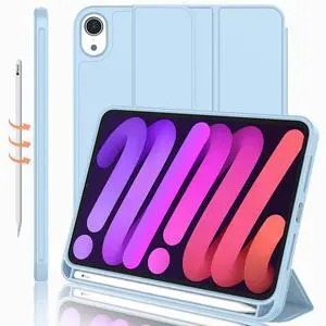 iMieet iPad Mini 7 Case 2024 (A17 Pro), iPad Mini 6 Case (8.3-Inch,2021 Model), iPad Mini 7th/6th Generation Case with Pencil Holder, Trifold Stand Smart Case with Soft TPU Back,Sky Blue