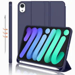 iMieet iPad Mini 7 Case 2024 (A17 Pro), iPad Mini 6 Case (8.3-Inch,2021 Model), iPad Mini 7th/6th Generation Case with Pencil Holder, Trifold Stand Smart Case with Soft TPU Back,Dark Blue