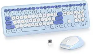 iRoboosta Blue Colorful Wireless Keyboard and Mouse Combo Set, 2.4GHz Retro Typewriter Aesthetic Full Size Cute Keyboard with Number Pad, Home and Office Silent Keyboards (Gradient Blue)