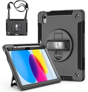 Junfire Protective Case for iPad 11th Generation (A16) 2025/ iPad 10th Gen with Screen Protector, Shockproof Rugged Case with Adjustable Hand Strap/360degRotating Stand/Stylus Holder/Carrying Strap