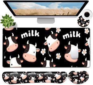 JVGFYNKL Large Gaming Mouse Pad Set, Ergonomic Memory Foam Keyboard Wrist Rest Support + Mouse Wrist Rest + Extended Desk Mat with Non-Slip Rubber Base, Cute Milk Cow Pattern Black Desk Pad